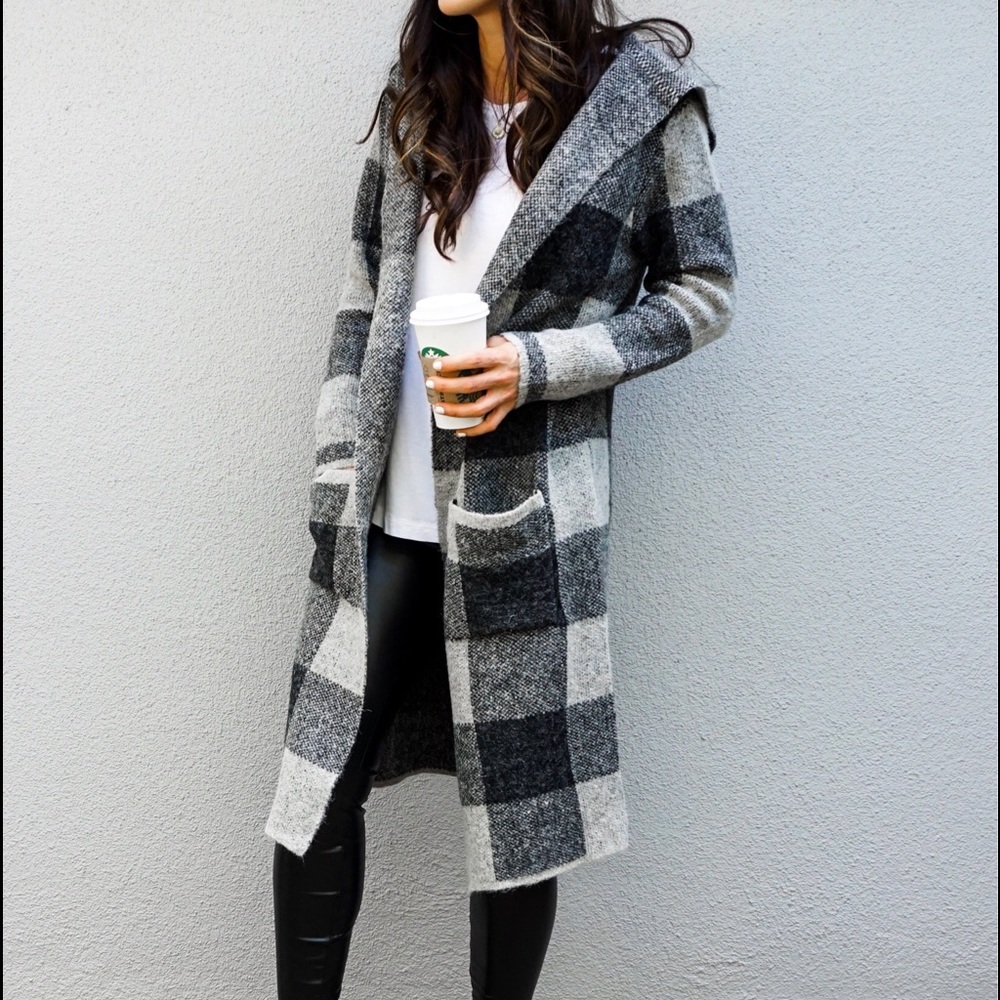 Checkered long open front cardigan